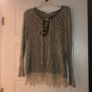 army green and white mixed blouse. lace bottom